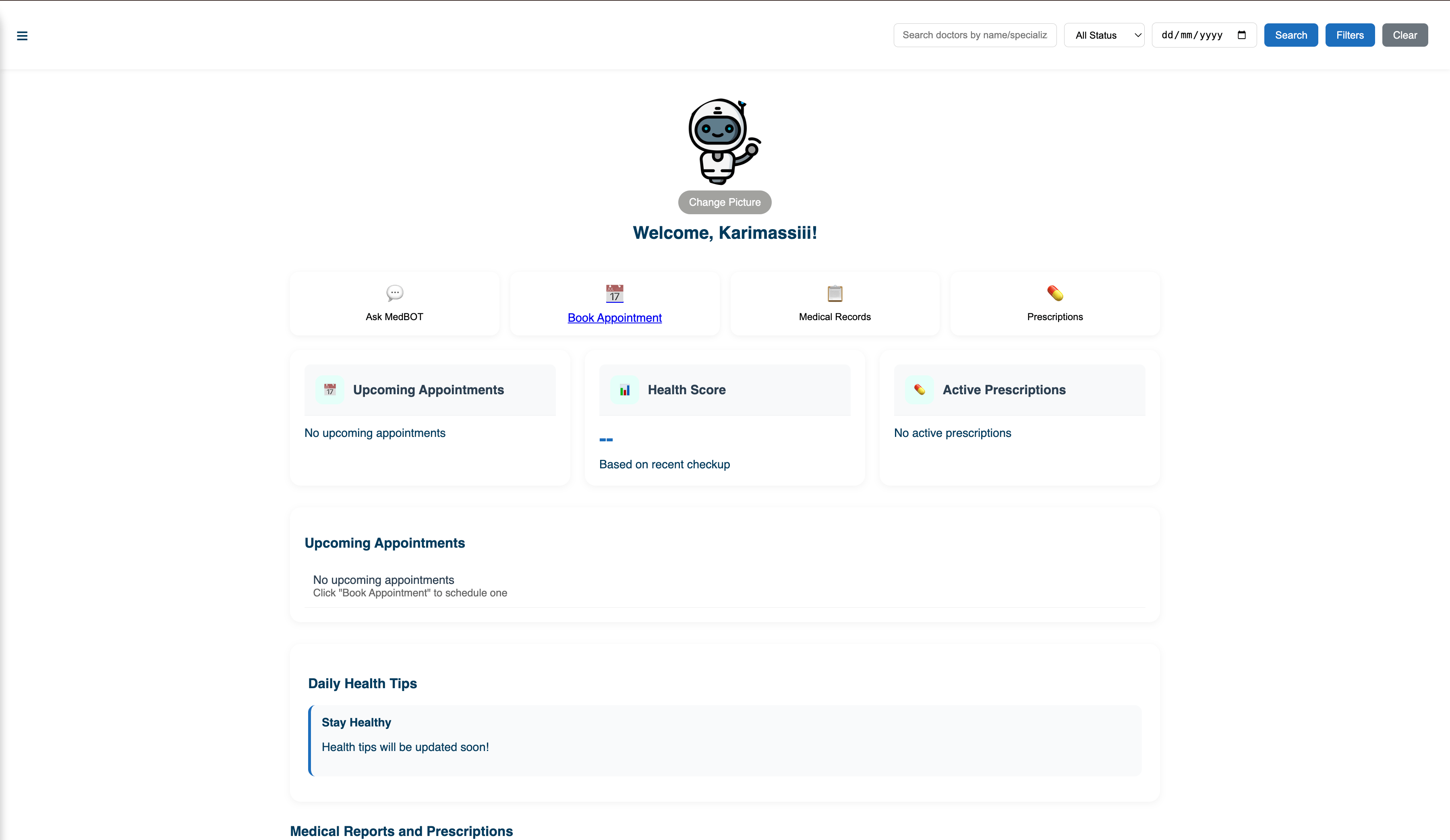 Patient dashboard — search doctors, Welcome, Ask MedBOT, Book Appointment, Medical Records, Prescriptions
