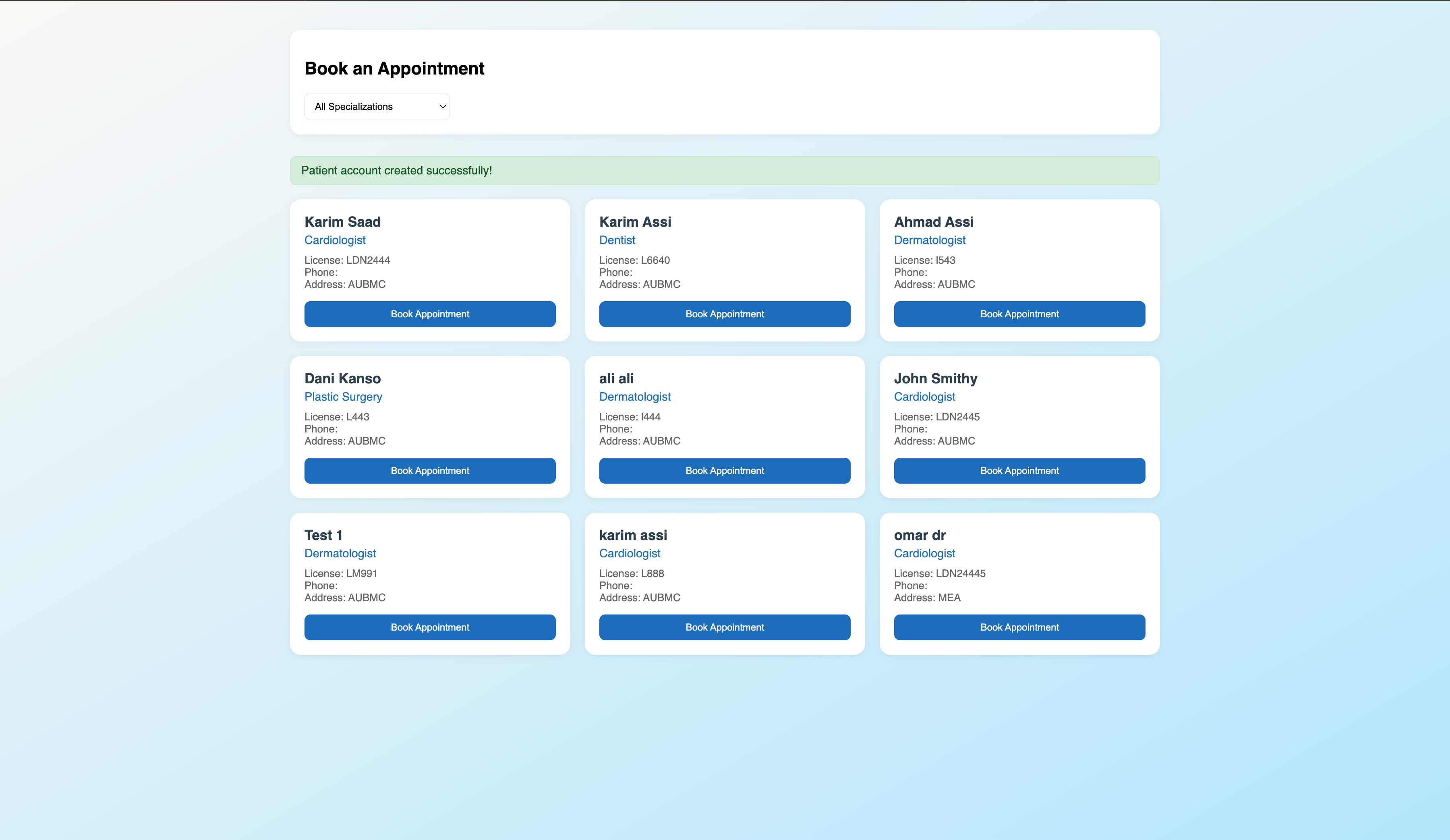 Book an Appointment — doctor grid with specializations and Book Appointment buttons