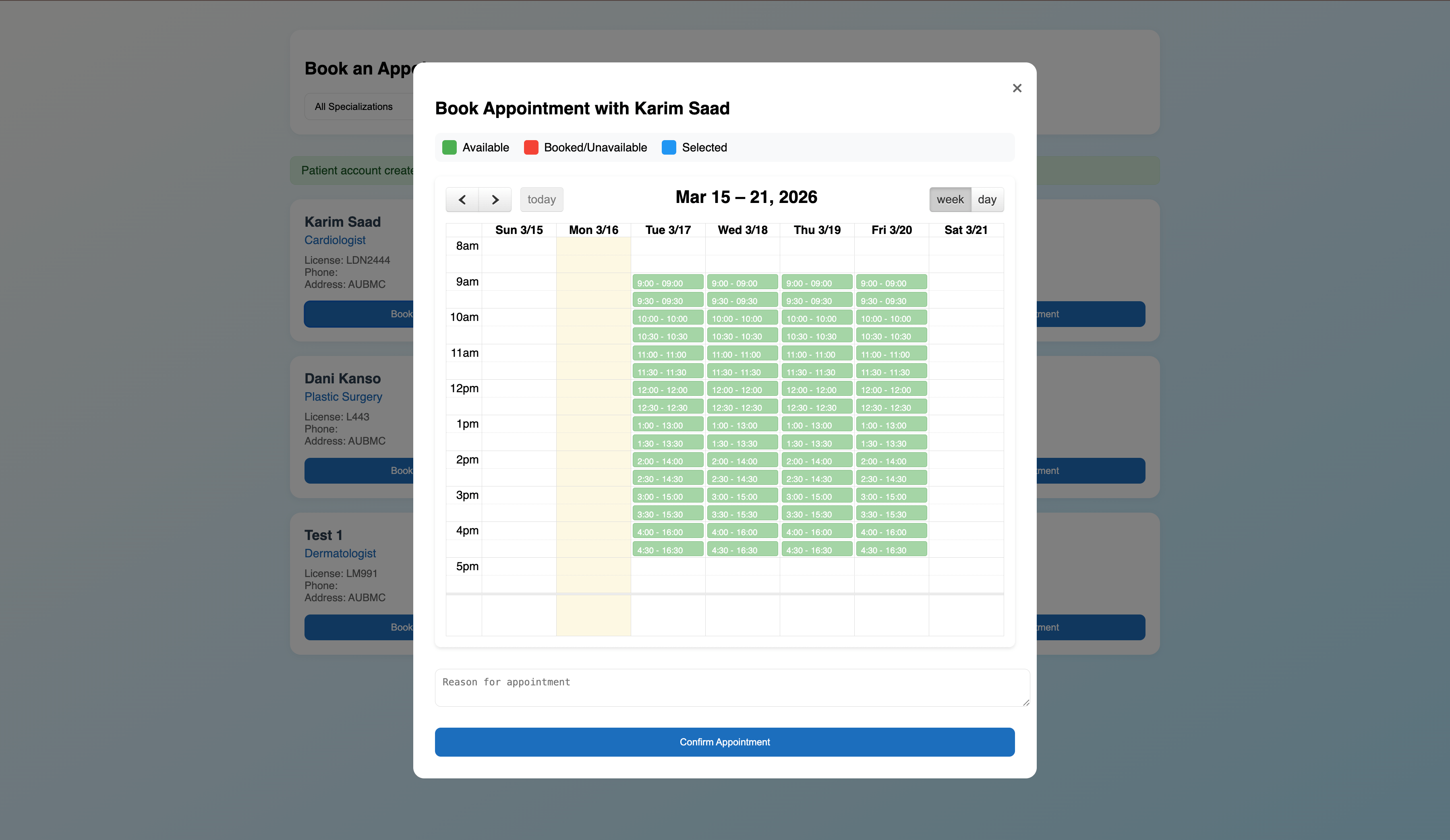 Book Appointment modal — week calendar with available, booked, selected slots and Confirm