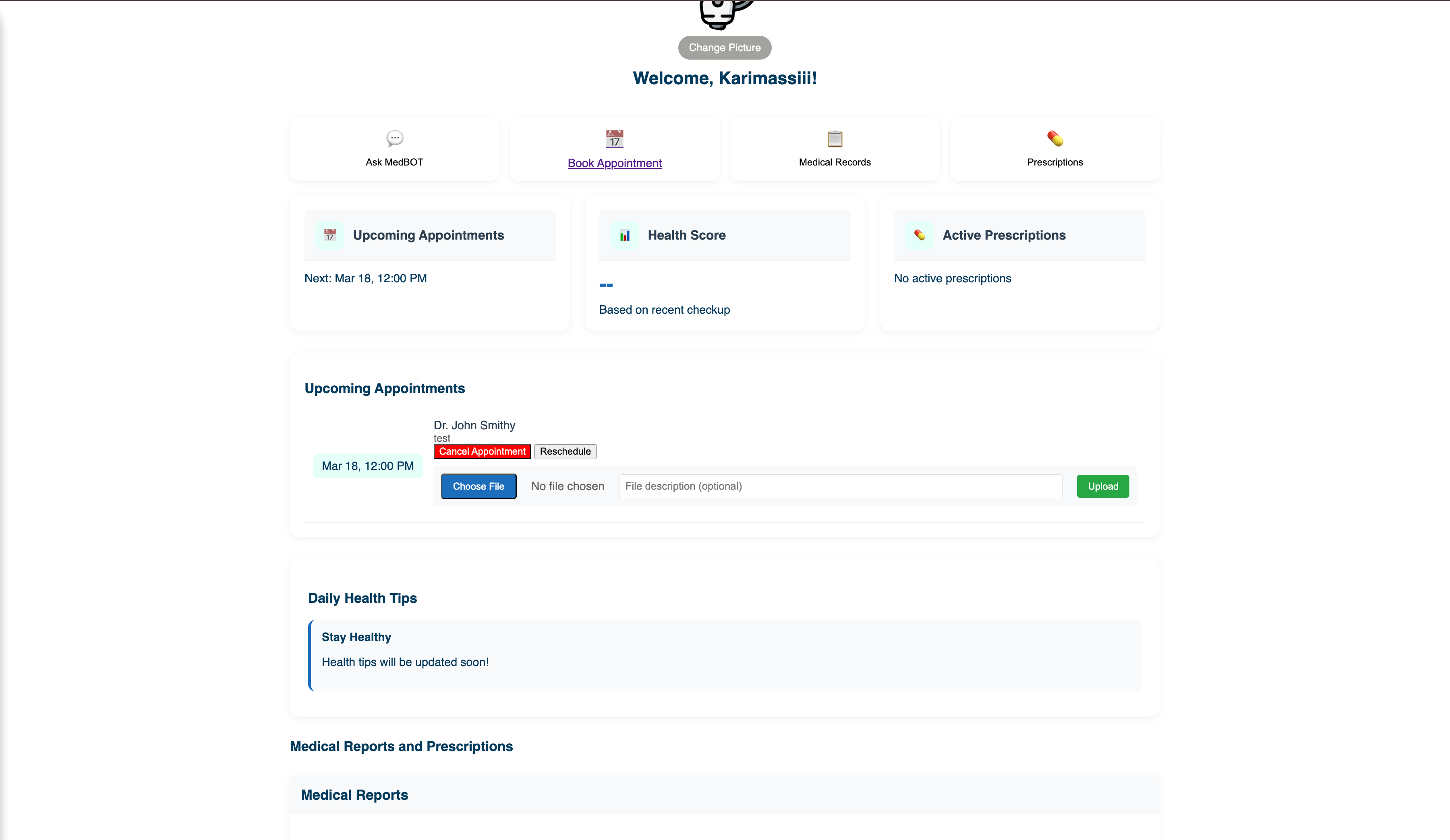 Dashboard with upcoming appointment — Dr. John Smithy, Cancel/Reschedule, file upload