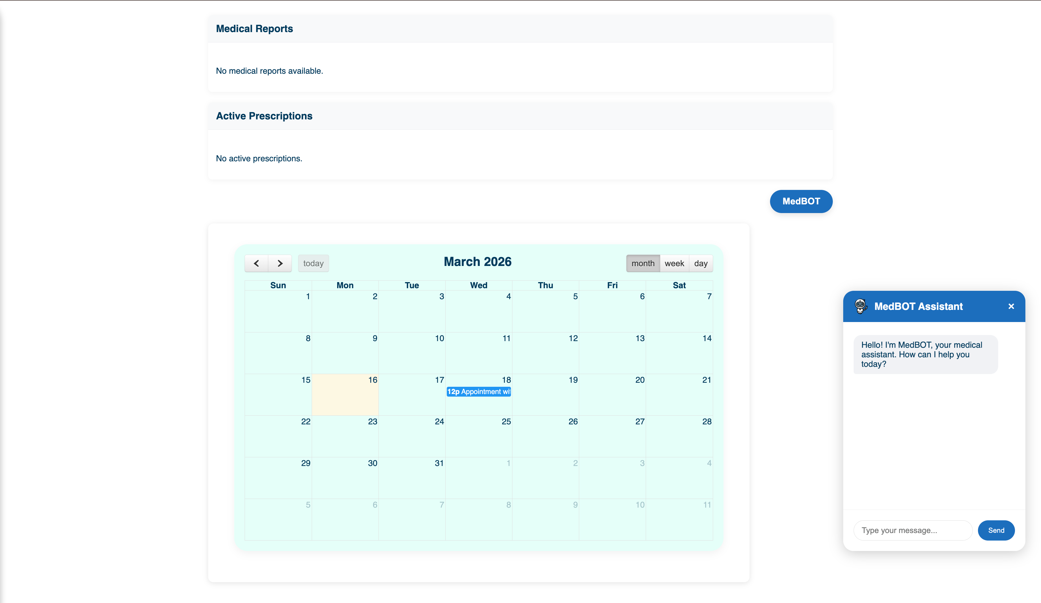 Medical Reports and Prescriptions, calendar with appointment, MedBOT Assistant chat open