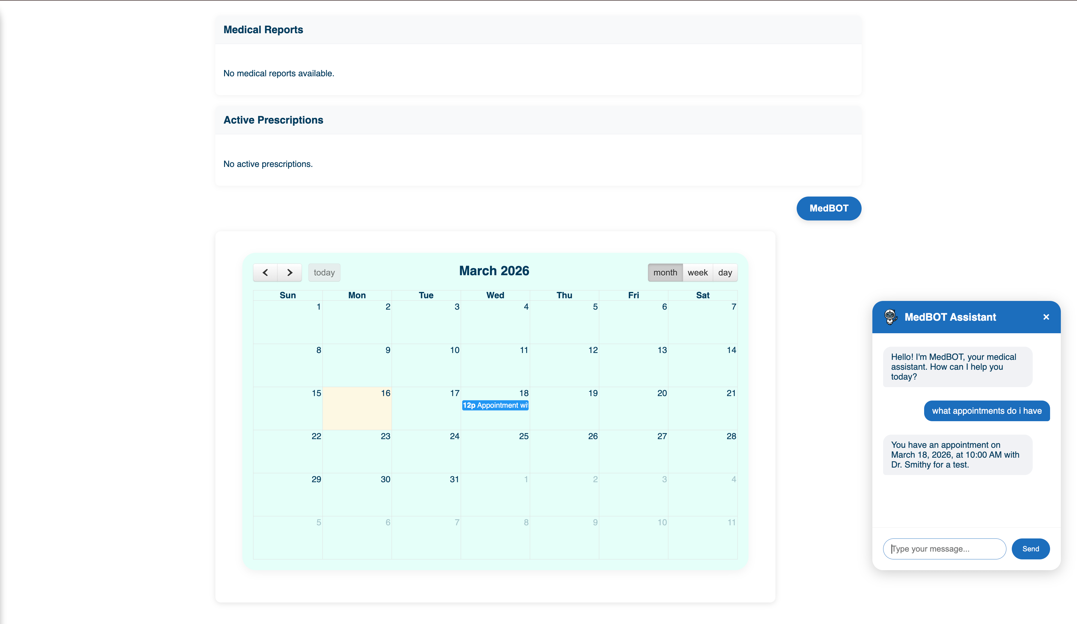 MedBOT answering appointment query — user asks what appointments, bot replies with details