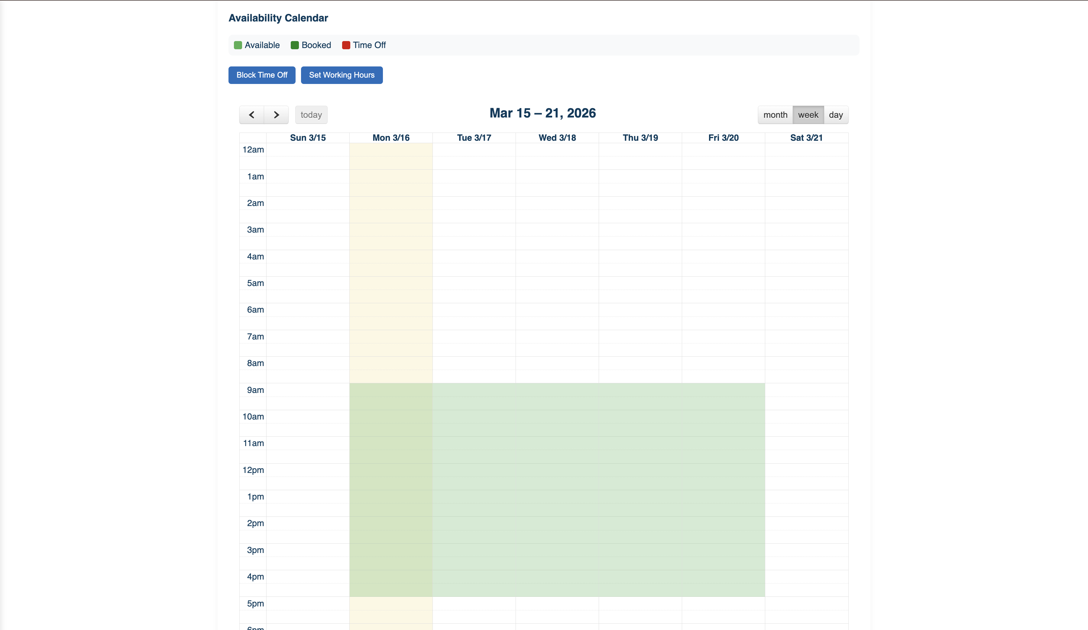 Availability Calendar — week view, available slots 9am–5pm, Block Time Off, Set Working Hours