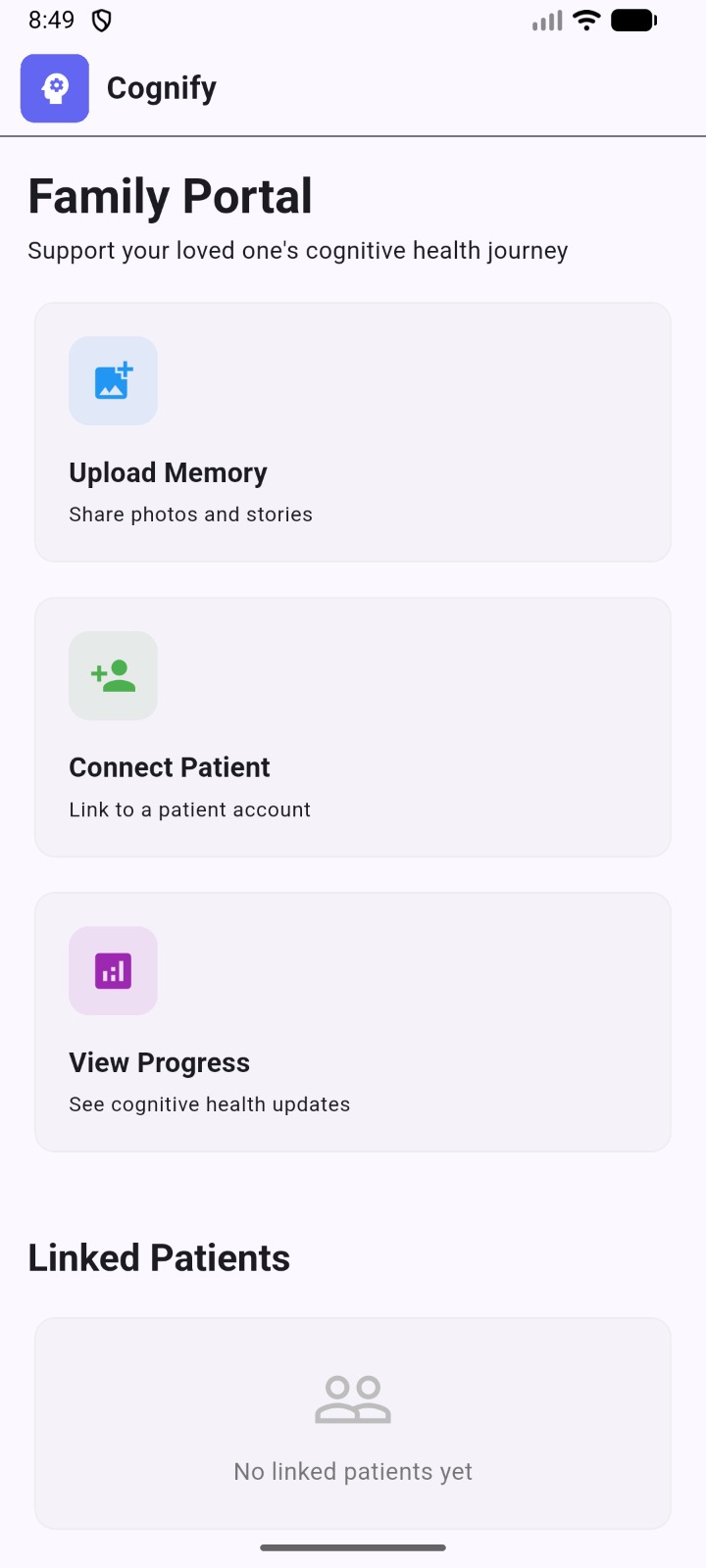 Family portal — Upload Memory, Connect Patient, View Progress