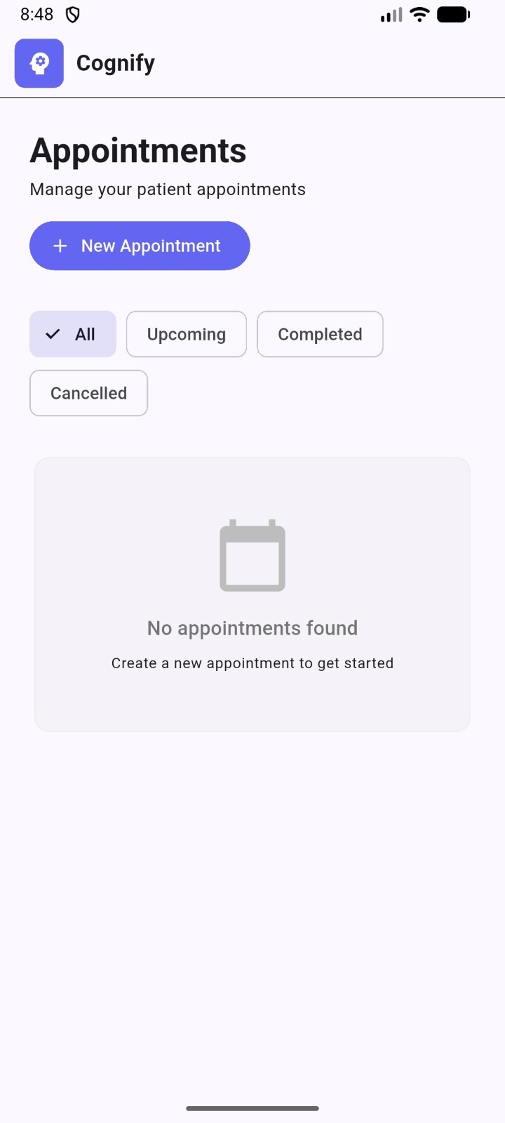 Appointments module — New Appointment and filters for All, Upcoming, Completed, Cancelled