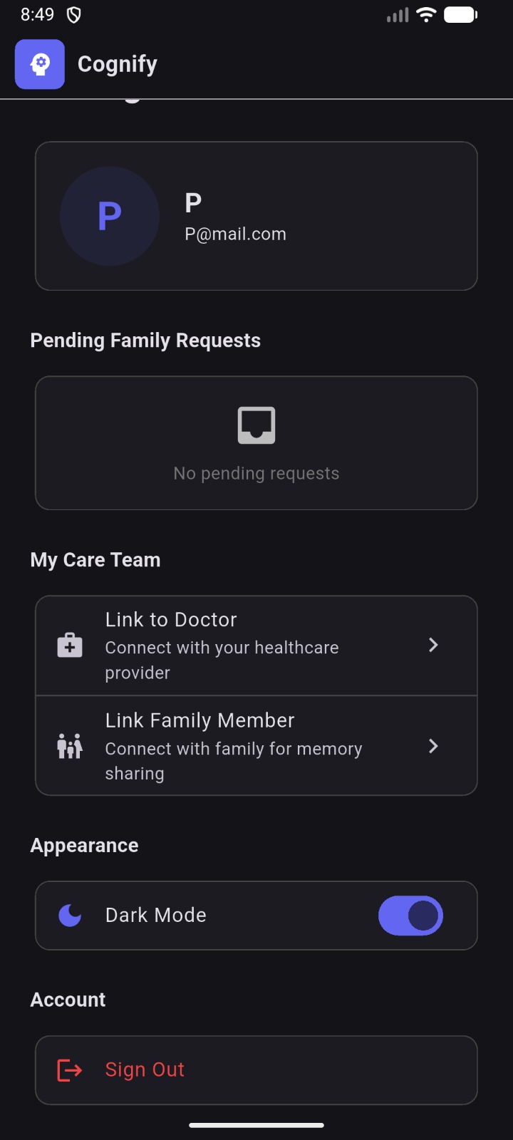 Doctor settings — profile, notifications, dark mode, language, security (dark theme)