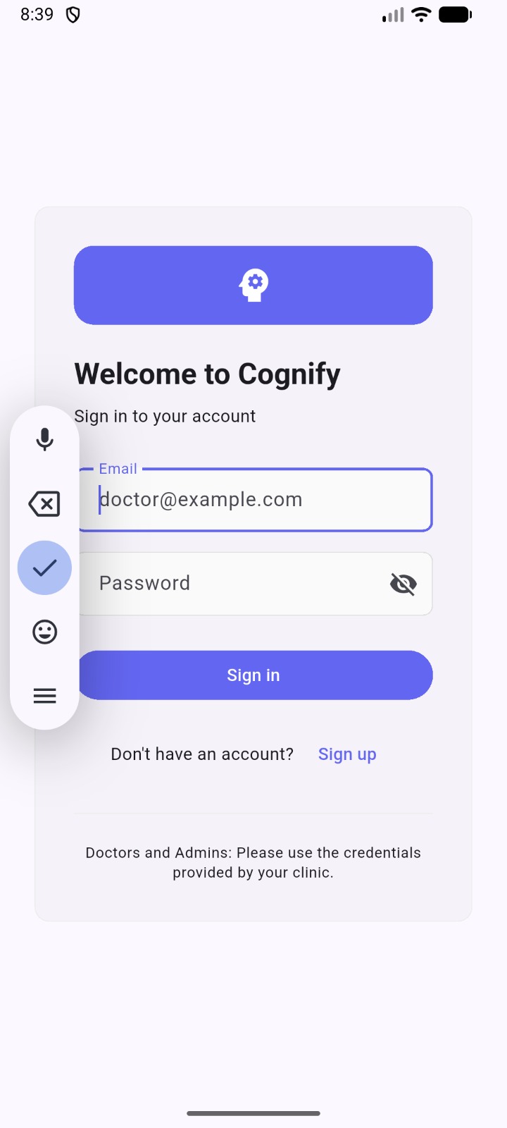 Welcome to Cognify sign-in screen
