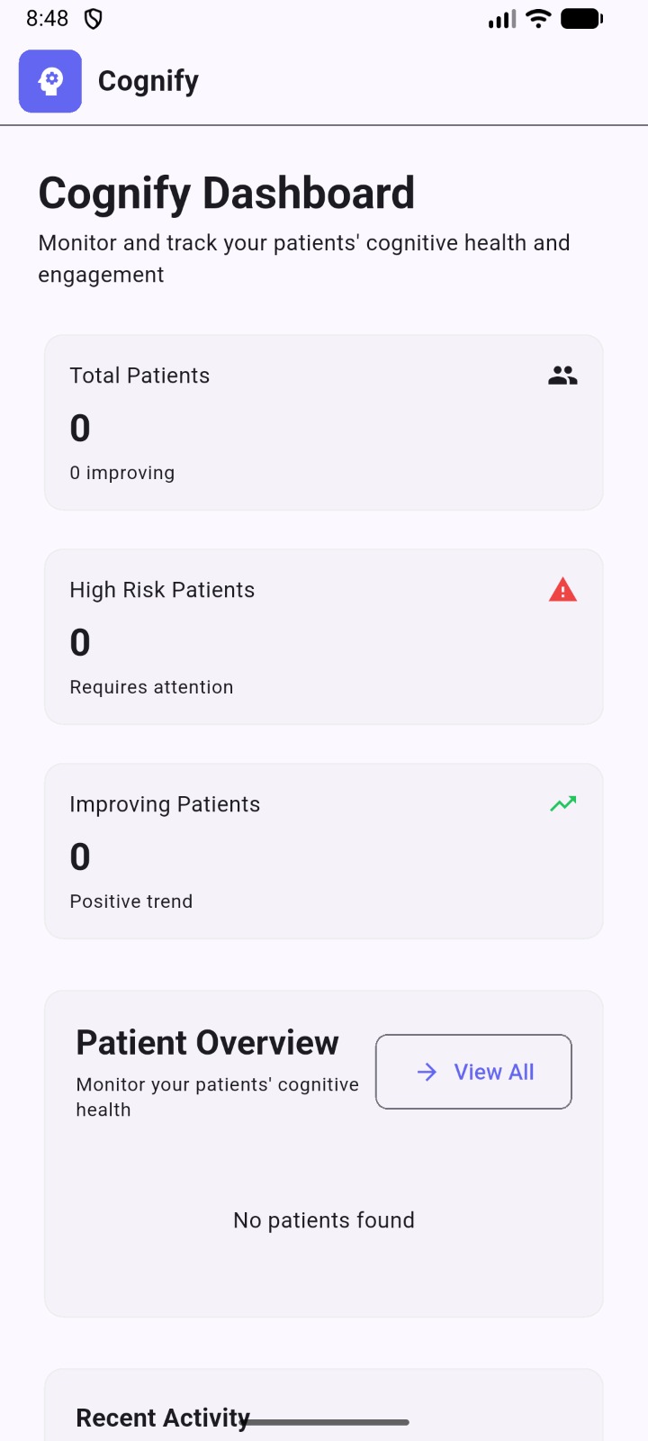 Cognify doctor dashboard — total, high-risk, improving patients