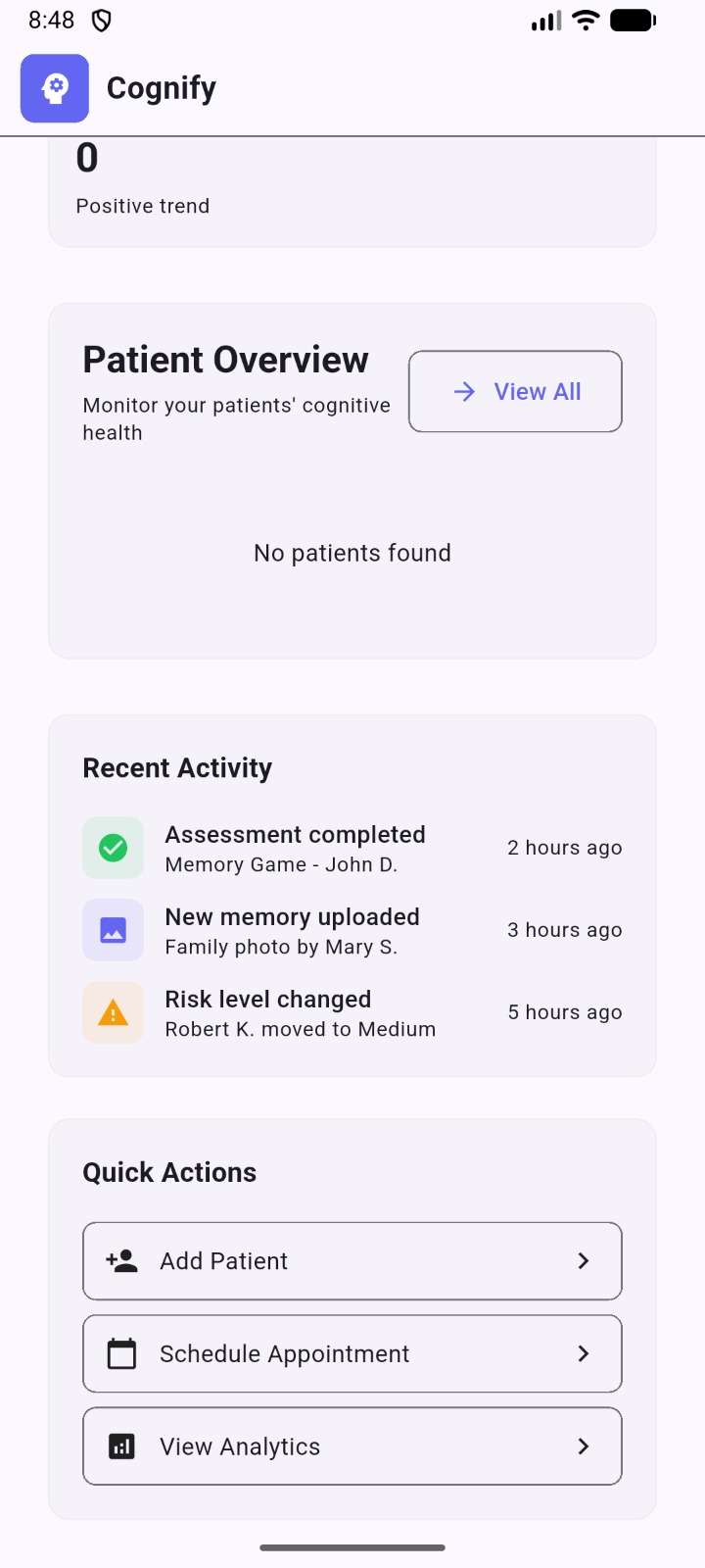 Cognify dashboard — recent activity and quick actions