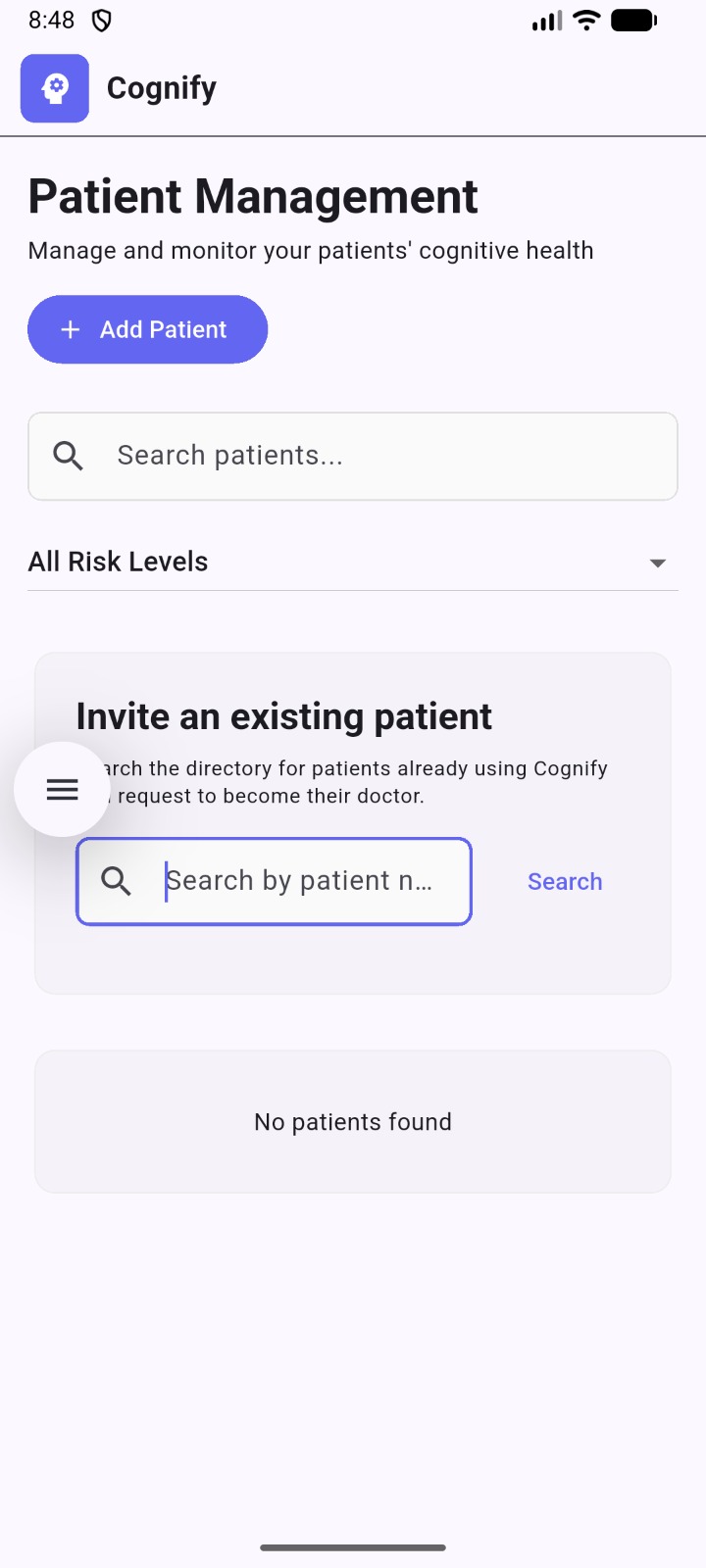 Patient Management — add/search patients, filter by risk level