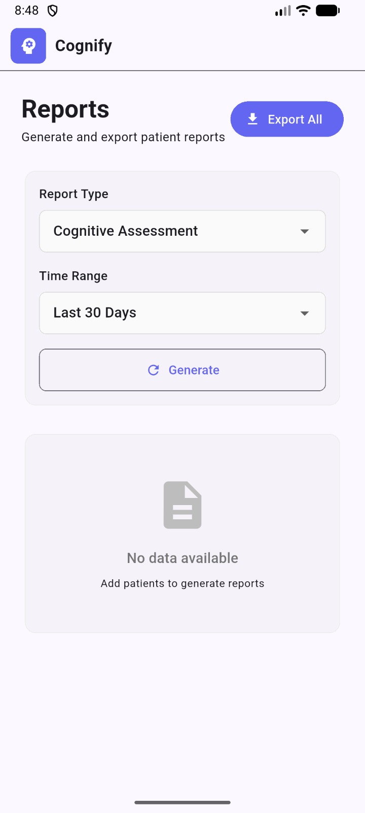 Reports — generate and export cognitive assessment reports over a chosen time range