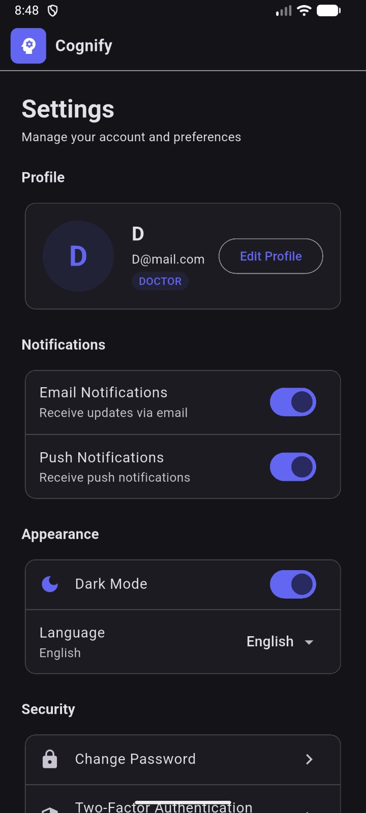 Doctor settings — profile, notifications, dark mode, language, security