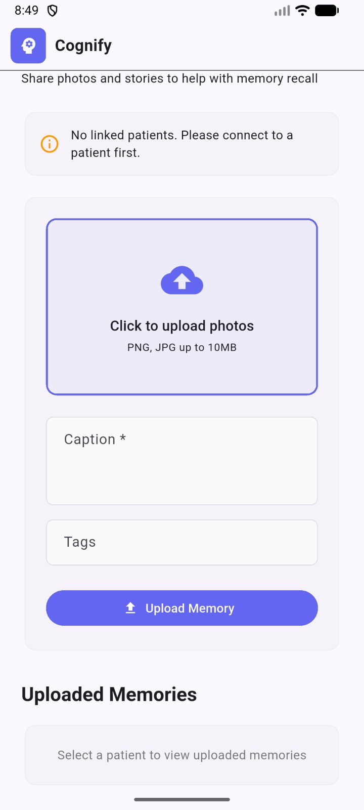 Upload Memory — share photos and stories to help recall