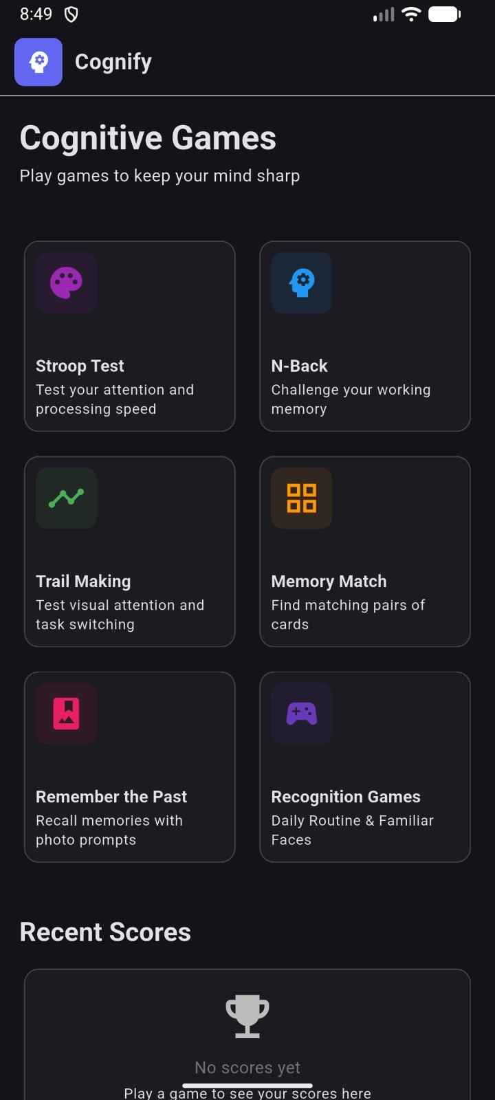 Cognitive Games menu — Stroop Test, N-Back, Trail Making, Memory Match, Remember the Past, Recognition Games