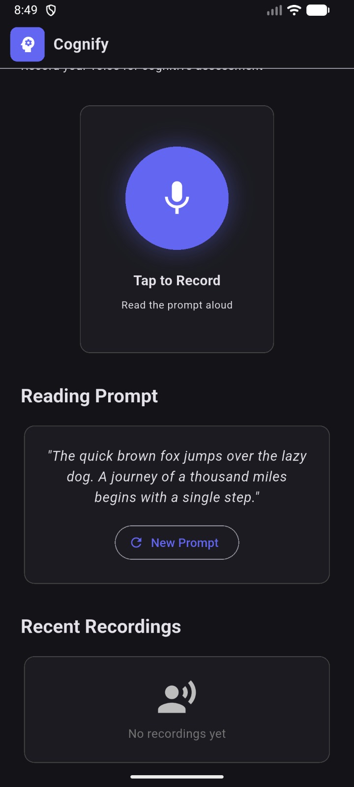 Reading Prompt — Tap to Record, prompt text, and recent recordings