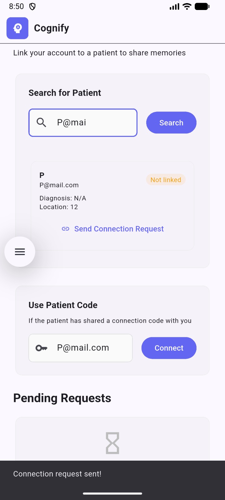 Connect to patient — search by email or patient code, send connection request
