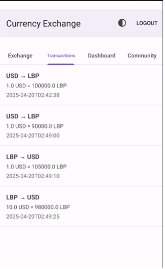 Transactions list — history with rates and timestamps