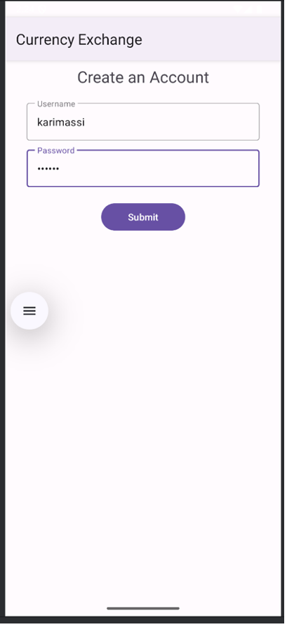 Create Account screen