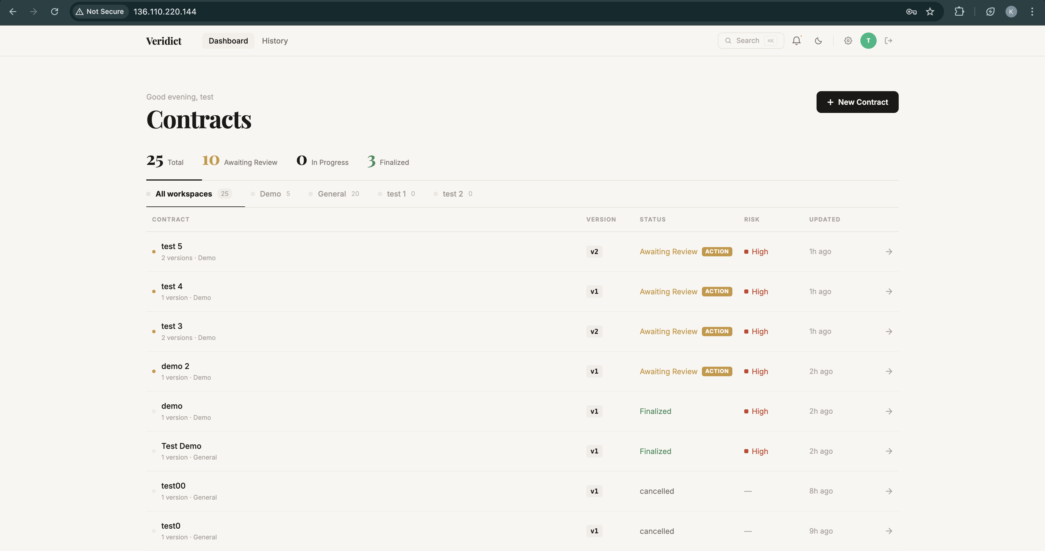 Workspace contracts dashboard — 25 contracts, status counts, risk and version per row