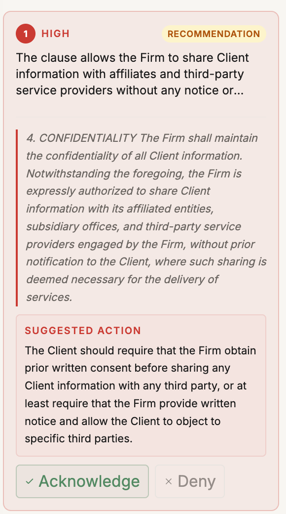 Expanded high-risk finding — risk explanation, quoted clause, suggested action, reviewer controls