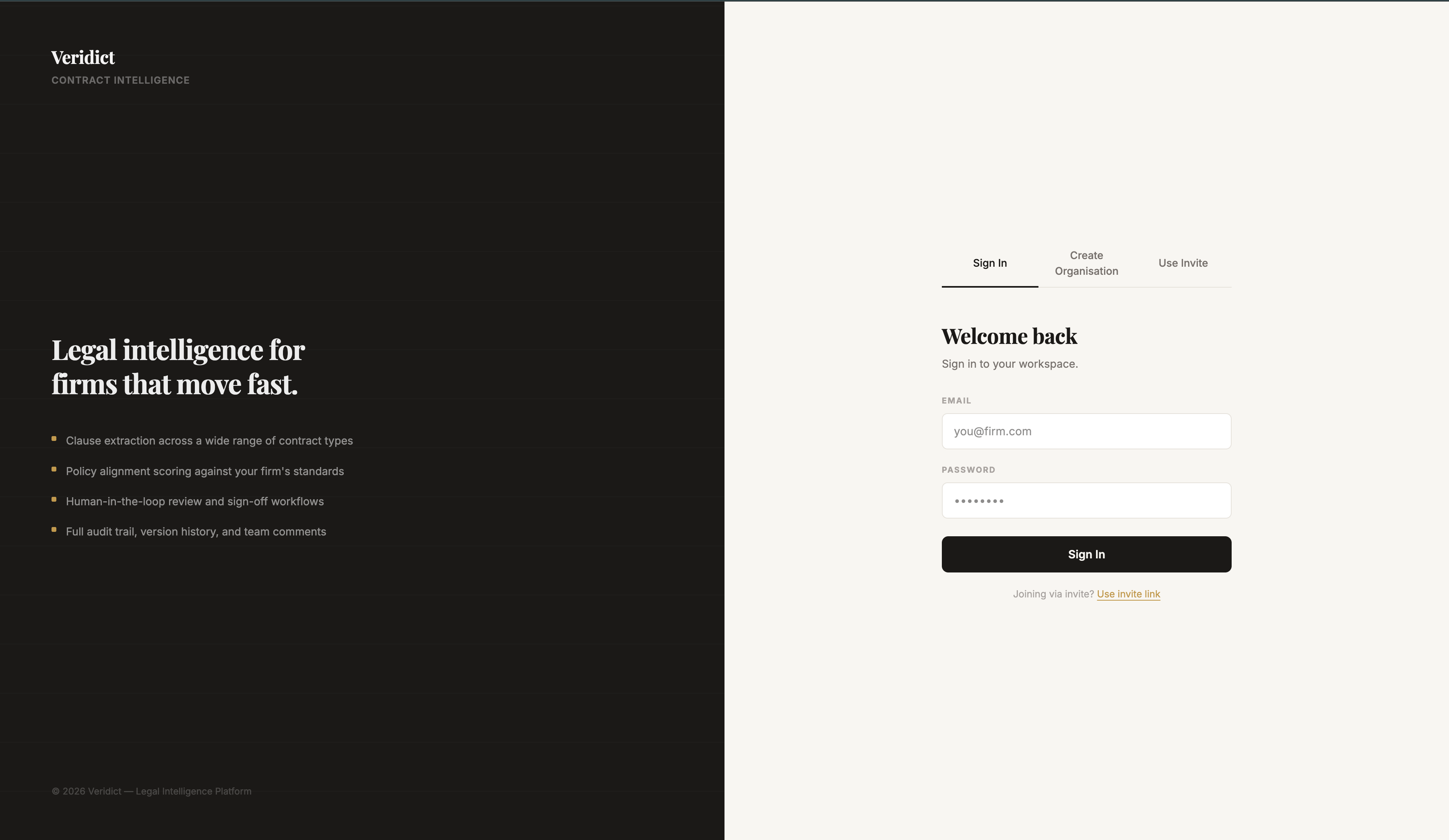 Veridict — authentication and onboarding screen