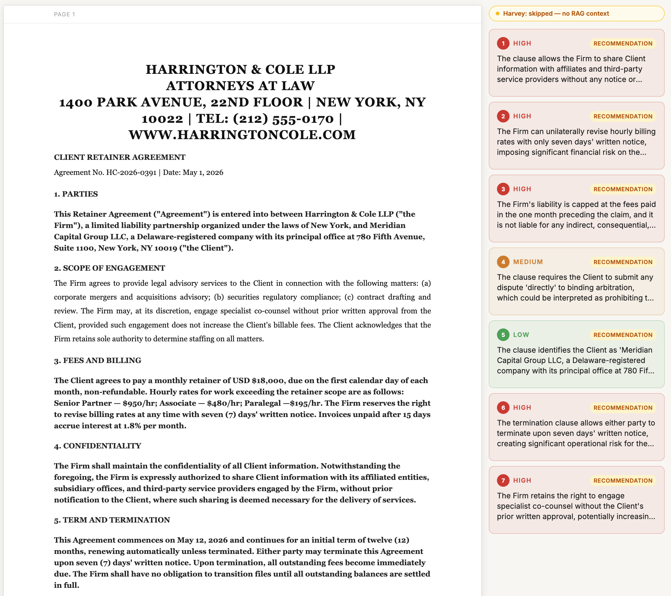 Contract viewer — right panel lists AI findings by severity while left shows the contract page